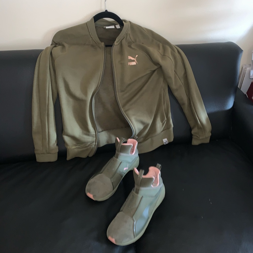 Green Puma jacket and a shoes